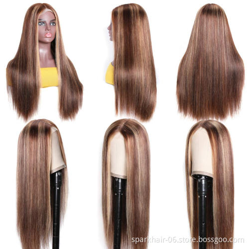SPARK Blonde 30 Inch Long Straight Brown 13X4 Transparent Lace Highlighted Human Hair Wigs 10a Highlight Body Wave Hair Full Wig